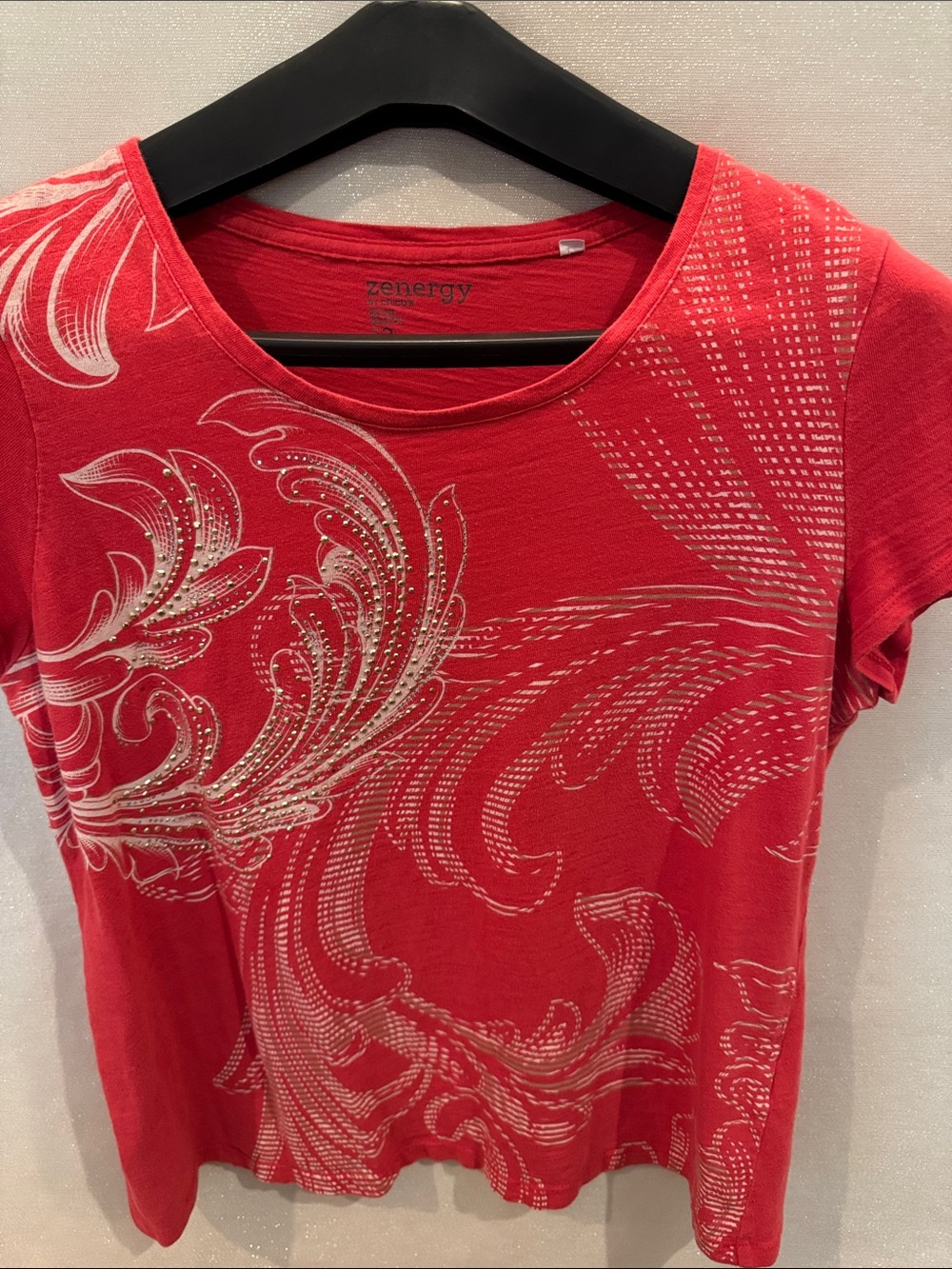 Chico's Red/Orange Short Sleeve Tee with White Swirl and Gold Stud Accents